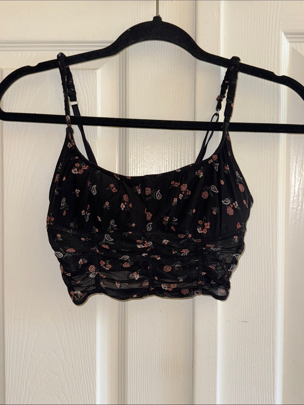 NWOT Hollister Black Floral Mesh Ruched Crop Top